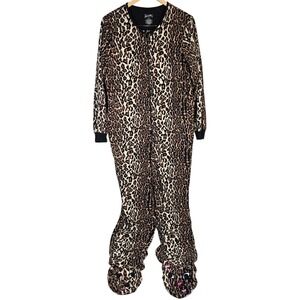 Nick & Nora Adult One Piece Cat Footed Pajamas Leopard Fleece Sleepwear‎ M